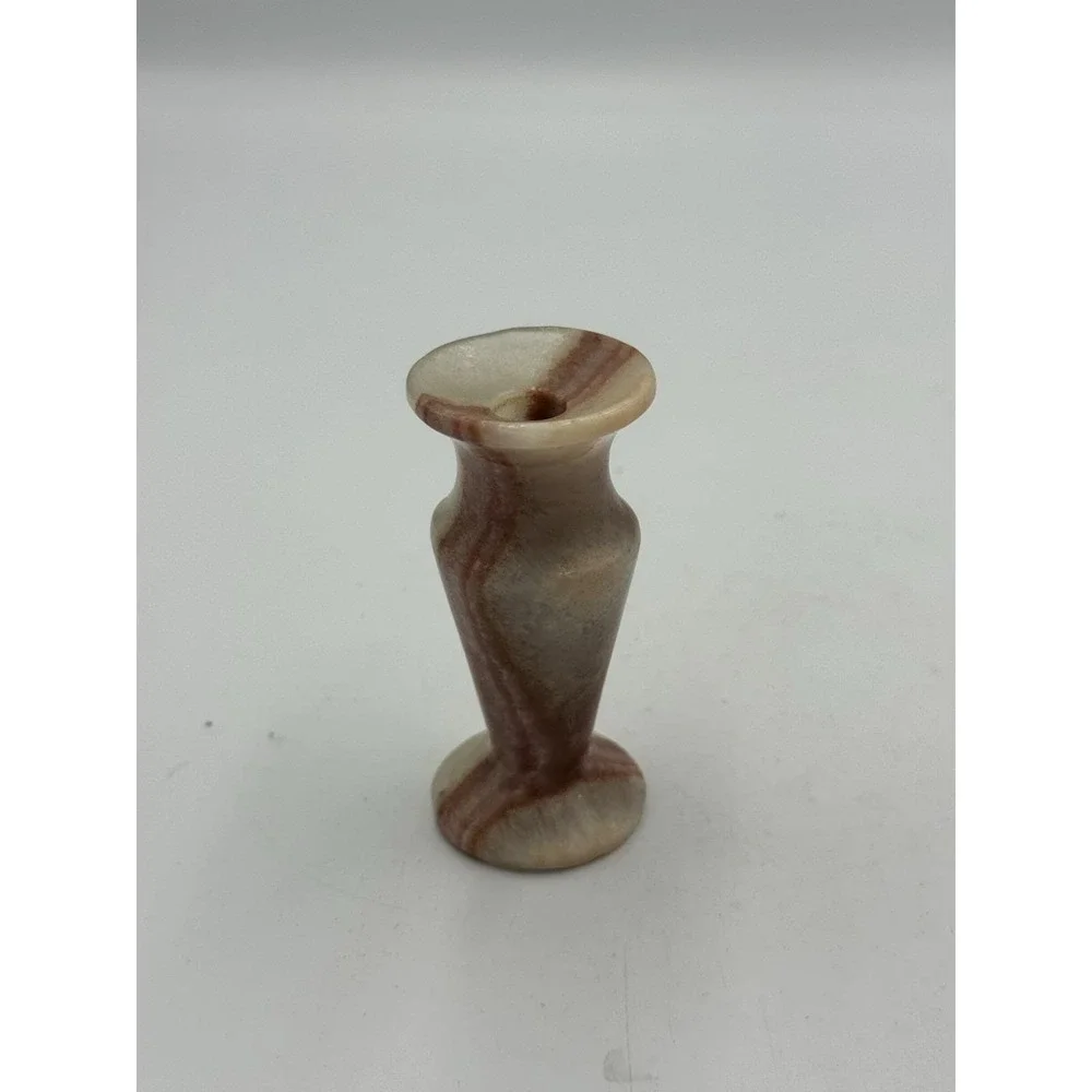 Marbled Stone Trumpet Bud Vase Beige Brown Decorative Freestanding 3in Tall